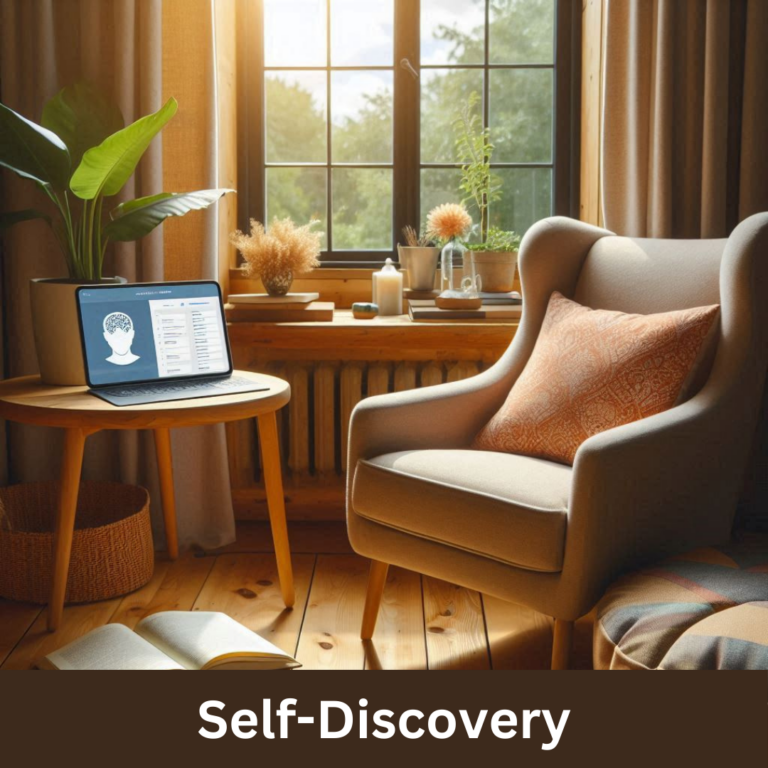 A cozy, well-lit room featuring a comfortable armchair by a window. On a nearby desk, an open journal rests alongside a meditation cushion and a tablet displaying a personality assessment. The warm lighting creates a peaceful atmosphere that invites introspection and personal growth.